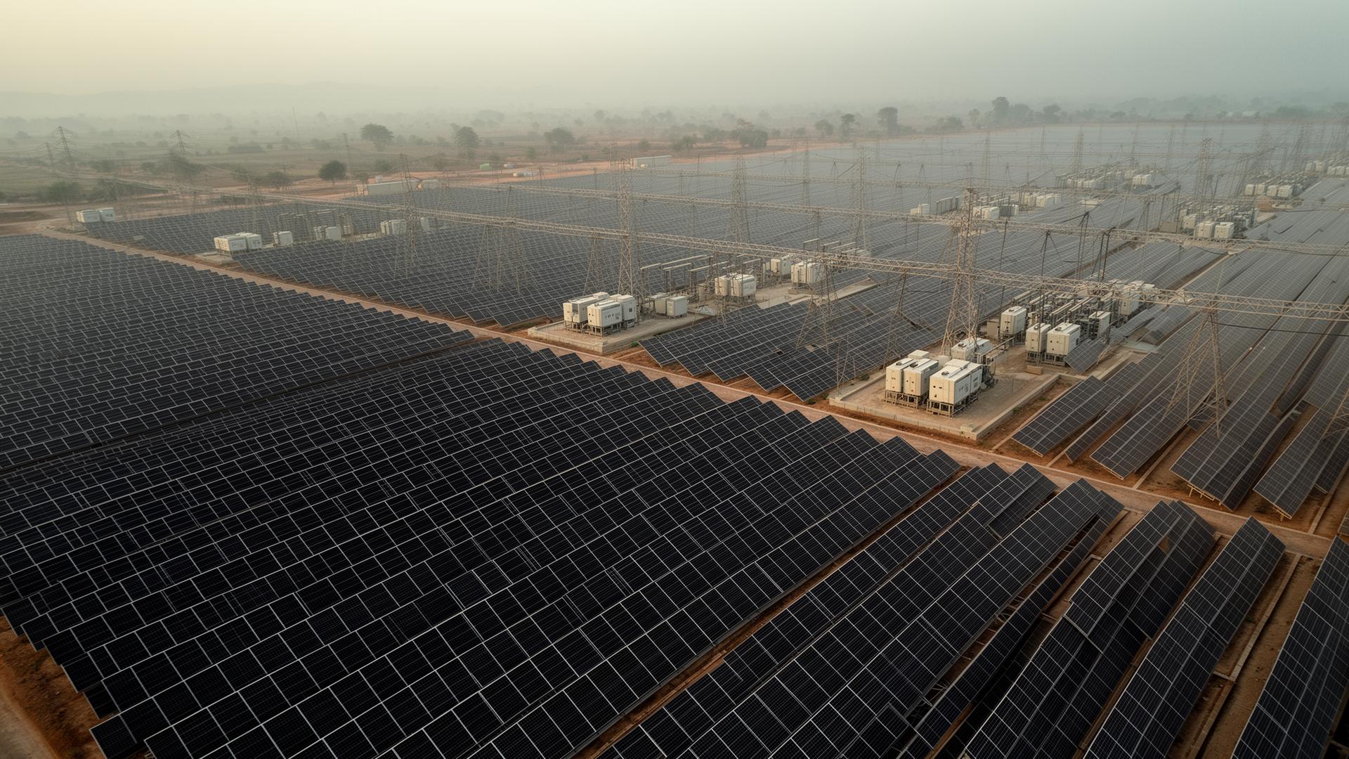 Aerial view of a utility-scale commercial solar plant with inverter stations and transmission infrastructure