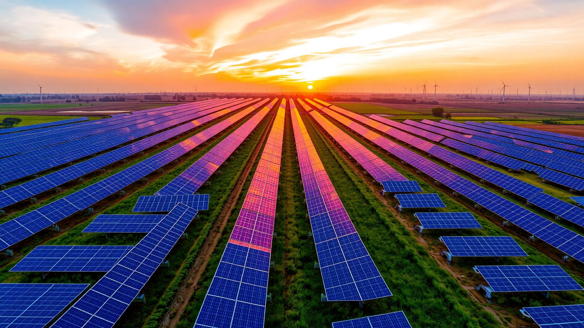Aerial view of a utility-scale solar farm at golden hour
